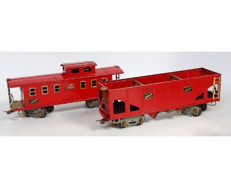 6 x assorted American Flyer GI bogie wagons including 2 x green opens, red hopper, green/blue cattle, yellow/green boxcar no.