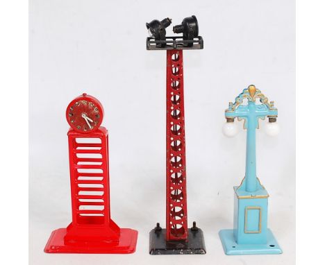 Completely repainted double arm lamp standard (GRP), with another repainted clock (P), and a Marx double Yard lamp (G)