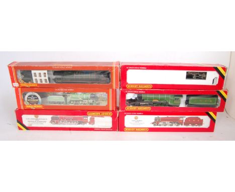 6 Hornby engines and tenders LMS maroon "Duchess of Sutherland" (G-BP), LMS maroon class 5 (NM-BNM), LNER green "Flying Scots