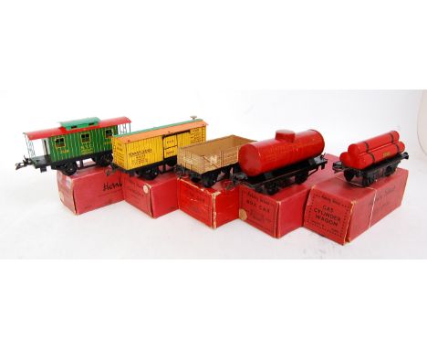 5x Hornby prewar boxed wagons including 1936-41 box car with black USA base, orange roof and green footwalk (G-BF), 1936-41 c
