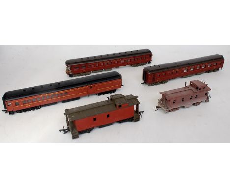 A Rake of 5 Bachmann Pennsylvania Railroad clerestory passenger cars including observation car (G) and 7 weathered freight ca