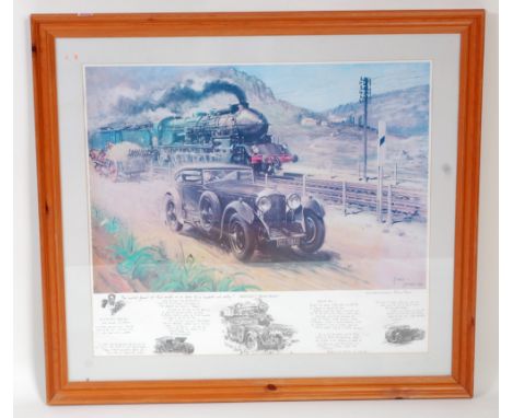 A Cuneo framed and glazed print titled "Bentley v the Blue Train", dated 1970 and housed in an original pine and glass frame