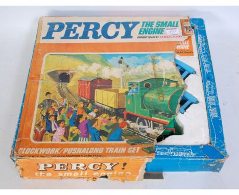 Percy train set, green loco no 6 with face, open and box wagons track key, all (G-VG) but will benefit by cleaning, polystyre