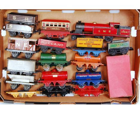 Large tray of 17 mainly Hornby items, pre-war wagons, SR open, another, NE goods brake, LMS Banana, McAlpine tipper, Meccano 