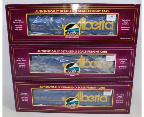 3 x MTH blue Alberta 100 ton hopper cars - item numbers 20-90332E, F &amp; G