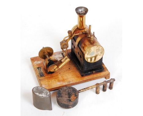 A Mersey Model Company No. 52GR horizontal stationary steam plant comprising of tin housed brass boiler with burner lowering 