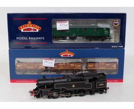 A Bachmann BR standard class 4 tank engine lined black No. 80032 (G) and boxed 39-273 BR (SR) green Mk1 GUV (G-BG) and 37-715