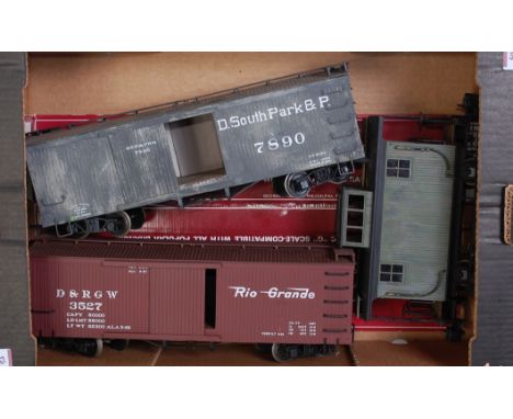 Three G scale Bachmann American box cars - brown Rio Grande No. 3527, item No. 93348 (VG)(BF), with a weathered GRM D South P