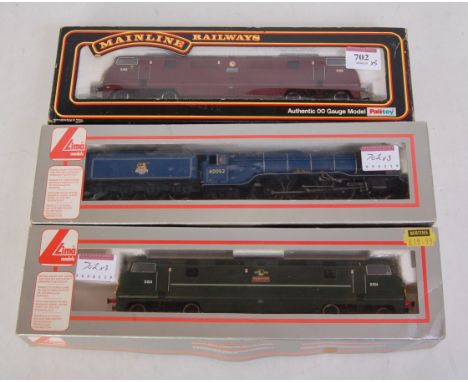 Mainline maroon Warship class engine 'Hermes' (G-BG), a similar BR green 'Highflyer' in Lima box (G), and a Hornby BR blue wi