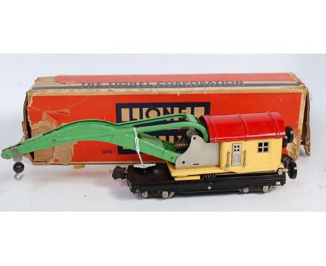Lionel bogie breakdown crane with black base, yellow body, red roof and green jib (G-VG-BP)