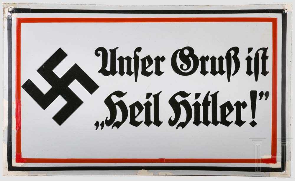 Emailleschild Schild Unser Gruss Ist Heil Hitler Mit Hakenkreuz Emaille Mehrfarbig Vier Befes