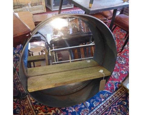 A contemporary Industrial style circular shelving unit, with single wooden shelf and mirrored back, Diameter 80cm 