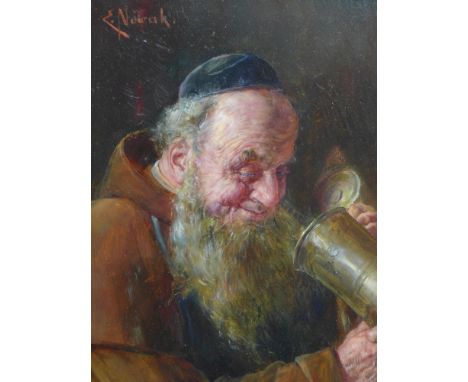 Ernst Nowak (Austrian, 1851-1919), portrait of a monk with a tankard, oil on panel, signed upper left 'E.Nowak', H.22cm W.16.