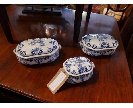 A set of three Cauldron blue and white ceramic tureens 