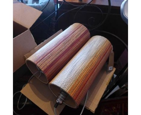 A pair of vintage ceiling lights, with multi-coloured embroidered shades, H.47cm 