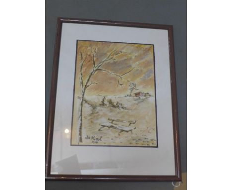 Otto B. de Kat (Dutch, 1907-1995), A bench under a tree in winter landscape, watercolour, signed and numbered 11/41 lower rig
