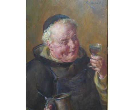 Ernst Nowak (Austrian, 1851-1919), portrait of a monk inspecting a glass of wine, oil on panel, signed upper right 'E.Nowak',