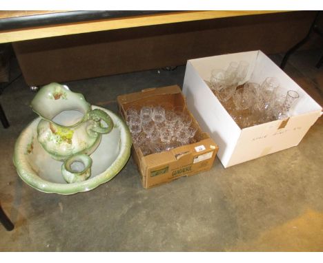 Two Boxes of Crystal Glasswares, Pottery Basin and Ewer etc 