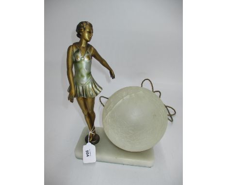 Original Art Deco Spelter Lady Lamp on Marble Base, globe also original 