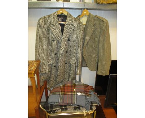 Burberrys Irish Tweed Overcoat, 40in chest, Tweed Jacket and Waistcoat, 40in chest, and 3 Travel Rugs 