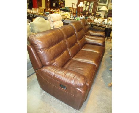 Brown Leather Manual Reclining 3 Seat Settee and Electric Reclining Easy Chair 