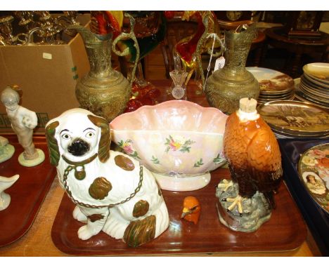 Pair of Eastern Brass Ewers, Victorian Pottery Spaniel, Maling Vase and Beswick Golden Eagle 