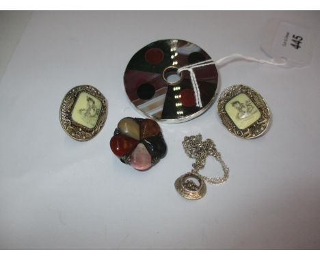 Two Faulty Agate Brooches, Silver and Other Charms, Bangle, Bracelet, Necklace, 2 Agate Brooches (faulty), and a Pair of Clip
