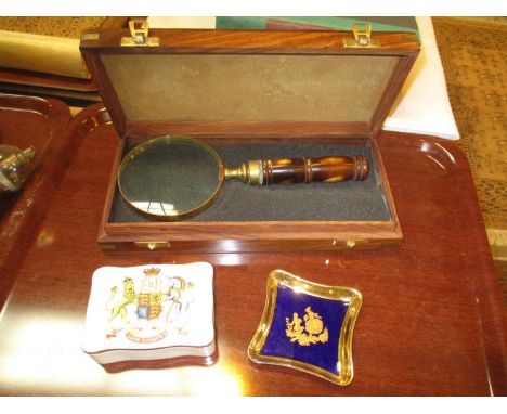 Cased Magnifier, Coronation 1953 Trinket Box and a Dish