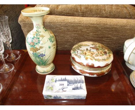 Noritake Porcelain Powder Box, Japanese Vase and a Trinket Box by M I Ford 