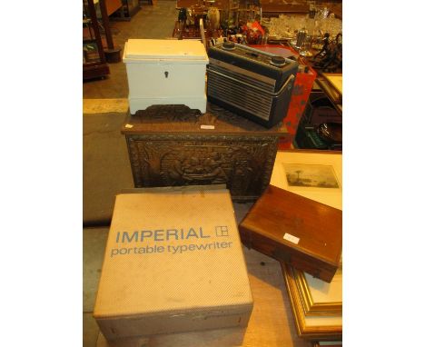 Brass Coal Box, Money Box, Hacker Democrat Radio, Slide Box and Imperial Portable Typewriter 