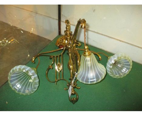 Victorian Arts &amp; Crafts Brass 3 Branch Pendant Light with 3 Vaseline Glass Shades 
