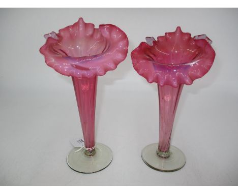Pair of Victorian Ruby and White Glass Frilled Top Vases, 25cm 