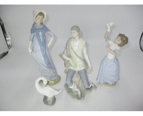 Lladro Figure of a Seated Man, Lladro Goose and 2 Nao Figures 