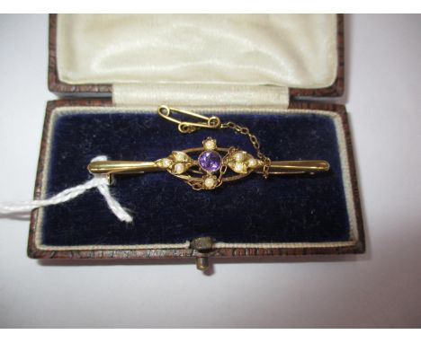 15ct Gold Amethyst and Seed Pearl Bar Brooch, 3.29g 