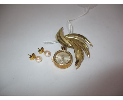 Pair of 9ct Gold and Pearl Ear Studs, along with a Bentima Star Brooch Watch 