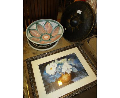 Oriental Gong, Pottery Bowl and Plate and a David Goodfellow Print 