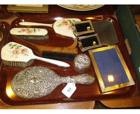 Two Silver Back Hand Mirrors, Silver Top Trinket Box and 3 Silver Figures along with 3 Brushes and a Mirror 