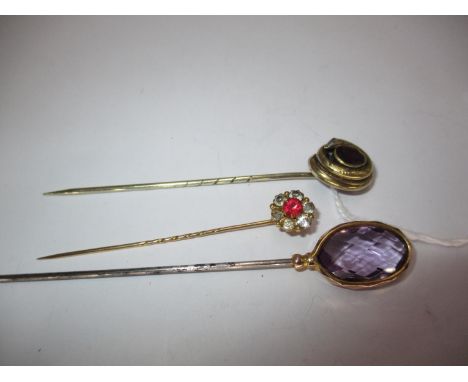 Two Amethyst Stick Pins and a Cluster Stick Pin 