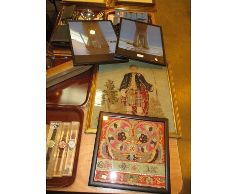 Victorian Tapestry Picture of a Highland Archer, Eastern Needlework Picture and 2 Tay Bridge Photographs 