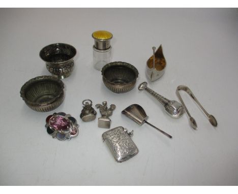 Group of Silver to include a Vesta Case, Enamel Top Salts Bottle, Seal, Sugar Tongs, Caddy Spoon, Brooch, 2 Pendants and 3 Sa