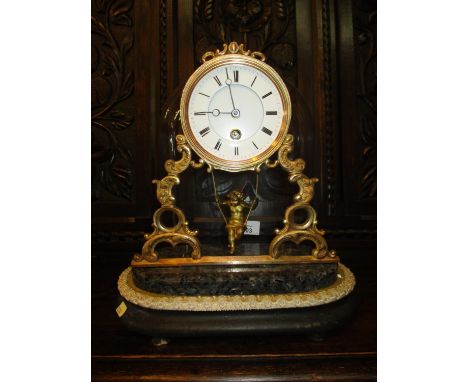 Victorian Gilt Metal Mantel Clock having a Cherub in Swing Pendulum and Glass Dome 