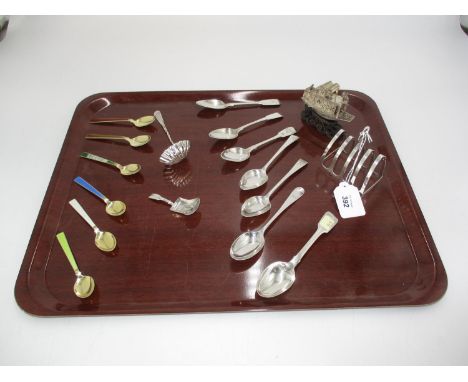 Collection of Silver including Toast Rack, Caddy Spoon, Sifter Spoon, Junk, 7 Teaspoons and 6 Enamelled Norwegian Coffee Spoo