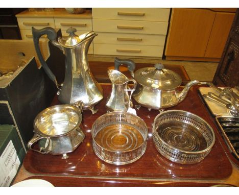 Art Nouveau Silver Plate 4 Piece Tea Service and 2 Decanter Coasters 