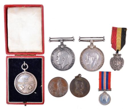 A small collection of medals and numismia, comprising: two British War Medals 1914-20 (7162 PTE M HAYES R MUN FUS and M-34594