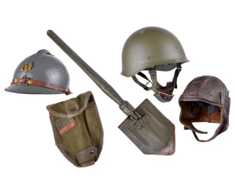 A small collection of militaria, comprising: a French Adrian helmet, another helmet, a leather flying helmet and three U.S. e