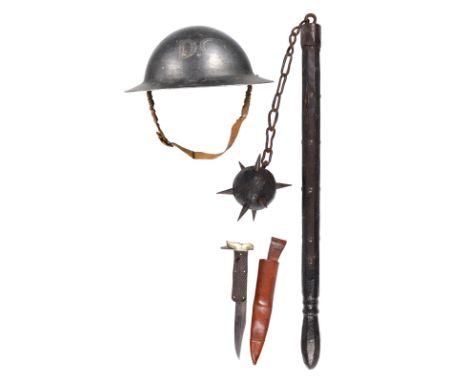 A military flail, or 'morning star', steel reinforced wooden haft (apparently adapted from an item of furniture), united by a