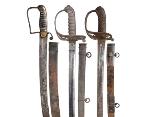  A group of three swords, comprising: an early 19th Century example of Light Infantry type, broad slightly curved blade 32.5 