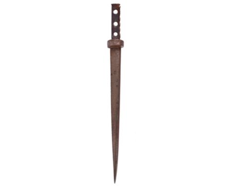 The major parts of a Rondel dagger, tapering single edged blade 14 in., the back reinforced with a diamond section rib; iron 