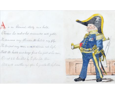 A set of ten caricatures of military and naval stereotypes, pen, ink and watercolour, each representing a letter of the alpha