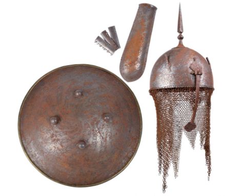  A part suite of Indo-Persian armour, comprising a helmet (khula khud), single part steel skull, tall spiked finial, sliding 